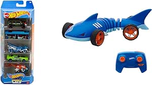 Bundle of Hot Wheels 5-Car Pack of 1:64 Scale Vehicles   Hot Wheels RC 1:15 Scale Shark Speeder, Remote-Control Vehicle That Bends, Turns & Slides Like a Mutant Machine, Features Lights & Sounds