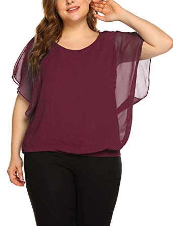 IN'VOLAND Plus Size Women Chiffon Blouse Batwing Sleeve Tops Scoop Neck Tunic Shirts