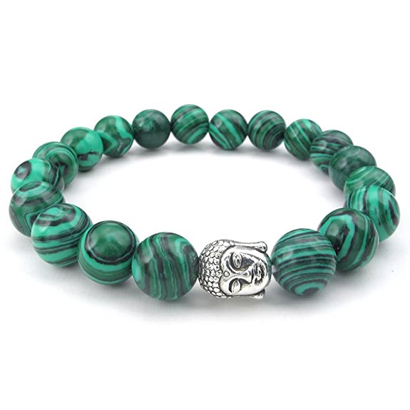 KONOV 10-12mm Natural Energy Gemstone Malachite Mens Womens Bracelet, 10-12mm Buddha Mala, Green