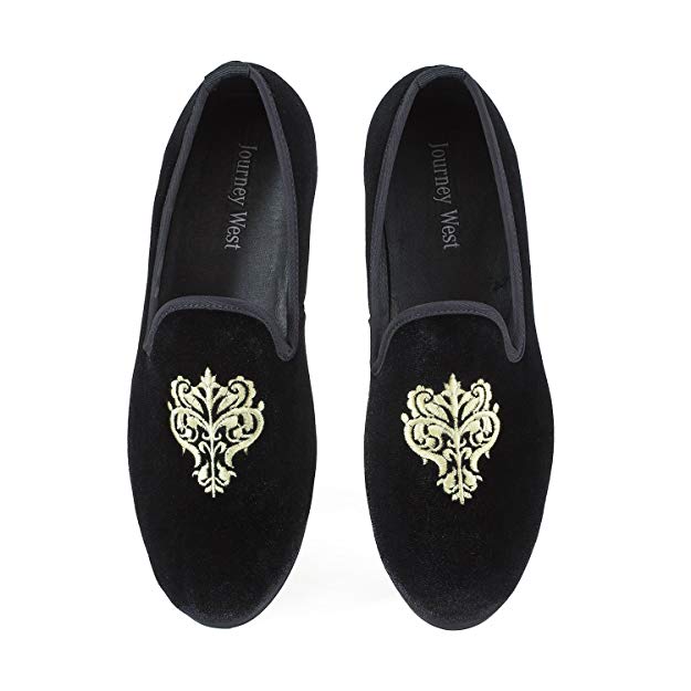 Journey West Men's Vintage Velvet Embroidery Noble Loafer Shoes Slip-on Loafer Smoking Slipper Black/Red/Blue