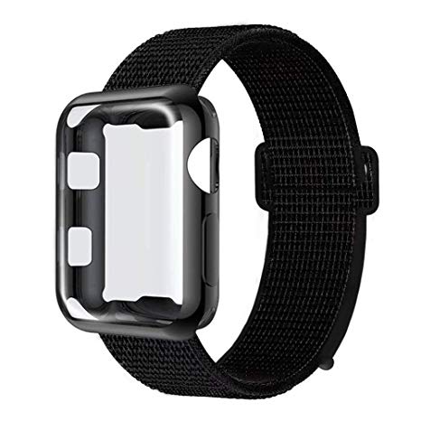 GBPOOT Compatible for Apple Watch Band 38mm 40mm 42mm 44mm with Screen Protector Case,Soft Nylon Sport Loop Replacement Wristband with Protective Case Compatible for Apple Watch Iwatch Series 1/2/3/4