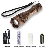 ON THE WAY2000 Lumen Expedition Handheld Flashlight Led Cree Xml-T6 5 Modes Water Torch Adjustable Zoomable Tactical Light Lamp with 18650 37V Rechargeable Lithium Battery and Charger Golden