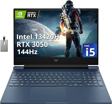 HP Victus Gaming Laptop, 15.6'' FHD 144Hz IPS Display, Intel Core i5-13420H, NVIDIA GeForce RTX 3050, 32GB RAM, 1TB PCIe SSD, Backlit Keyboard, Wi-Fi 6, HD Camera, Win 11 Pro, Blue, 32GB USB Card