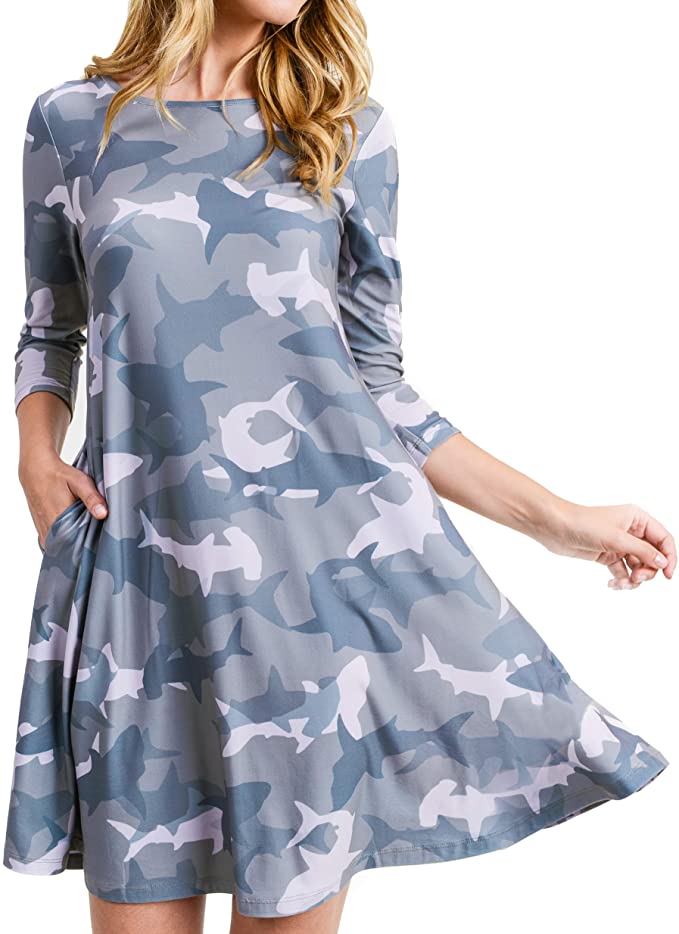 Women’s Printed Crew Neck A-Line Dresses with Pockets Casual Tropical Floral Novelty Animal Christmas Patterns