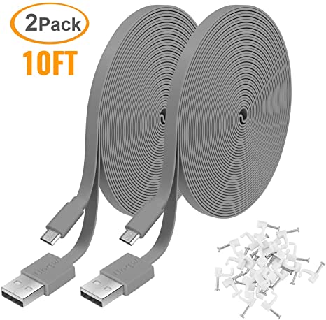 2 Pack 10FT Power Extension Cable for WyzeCam, WyzeCam Pan, KasaCam Indoor, NestCam Indoor, Yi Camera, Blink,Cloud Cam, USB to Micro USB Durable Charging and Data Sync Cord (Gray)