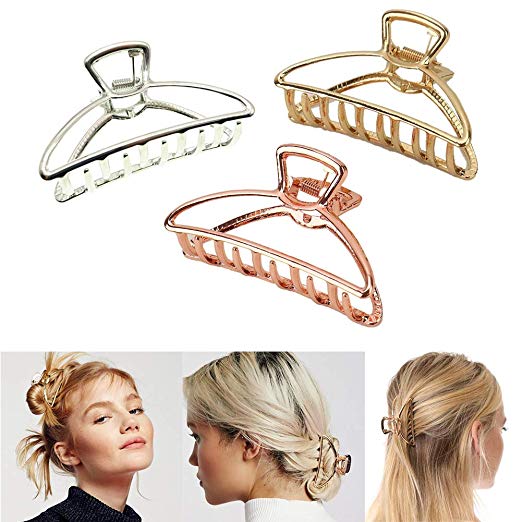 VinBee 3 PACK Large Metal Hair Claw Clips Hair Catch Barrette Jaw Clamp for Women Half Bun Hairpins for Thick Hair (Silver   Gold   Rose Gold)