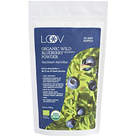 Organic Wild Blueberry Powder, wild-crafted from Nordic forests, 100% whole fruit blueberry, 52-day supply, 8.8 oz, freeze-dried and powdered wild blueberries, high in anthocyanins, free recipe book