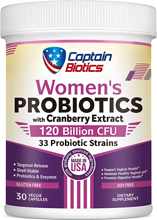 Captain Biotics Probiotics for Women, 120 Billion CFU 33 Targeted Strains, with Prebiotics, Enzymes, Cranberry, for Vaginal, Digestive, Immune Health, Shelf-Stable, Non-GMO, No Gluten, 30 Veggie Caps