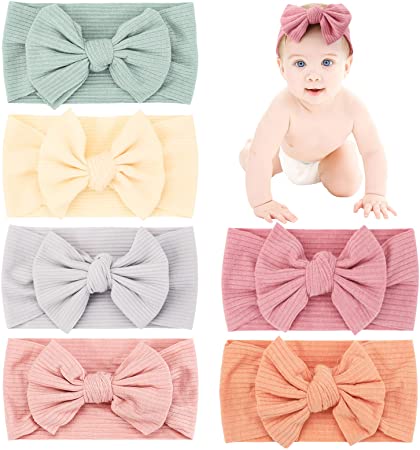 Makone Baby Girl Headbands 6 pcs , Baby Girl Bows , Stretchy Soft Wide Baby Turban Headbands for Babies Elastic Headbands for Newborn Baby, Toddlers