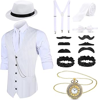 1920s Mens Costume Roaring Costumes Outfit with 20s Gangster Vest Hat Pocket Watch Suspenders