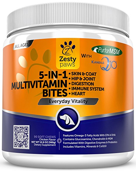 Multivitamin 5 in 1 Chews for Dogs - Glucosamine & Chondroitin for Joint Health - Fish Oil for Skin & Coat   Digestive Enzymes & Probiotics - CoQ10 for Heart Support   Immune Vitamins - 90 Count