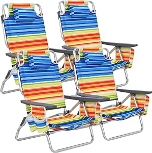 Goplus Backpack Beach Chairs, 4 Pcs Portable Camping Chairs with Cool Bag and Cup Holder, 5-Position Outdoor Reclining Chairs for Sunbathing, Fishing, Travelling (Multi Color, without Side Table)