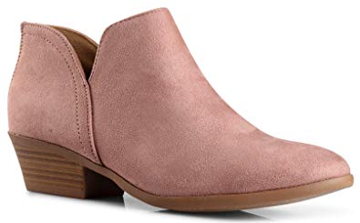 Women's Madeline Western Almond Round Toe Slip on Bootie - Low Stack Heel - Zip Up - Casual Ankle Boot