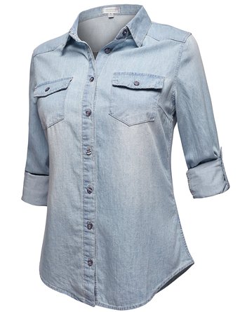 ZENNESSA Women's White Washed Denim Shirts with Roll up Sleeve