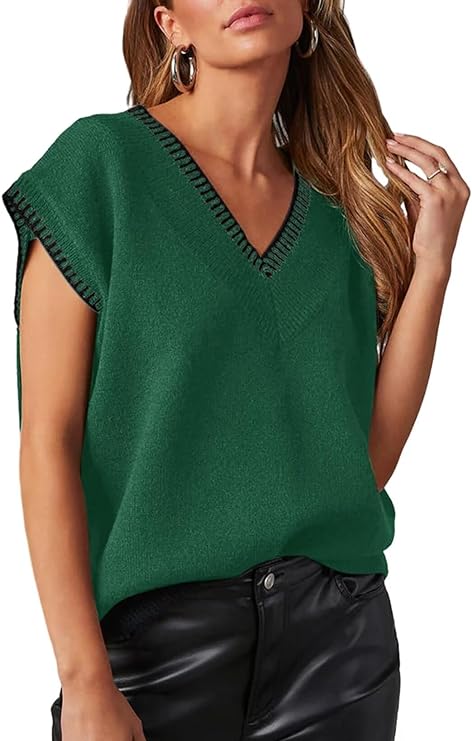 Dokotoo Women's V Neck Sleeveless Sweater Vest Casual Solid Cap Sleeve Knit Pullover Tank Tops 2024 Clothes