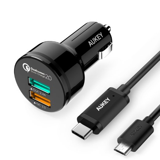 AUKEY Dual Port Car Charger with Quick Charge 2.0 & USB-C/Micro-USB Cable for Samsung Galaxy S7 Edge, Nexus 6 & More