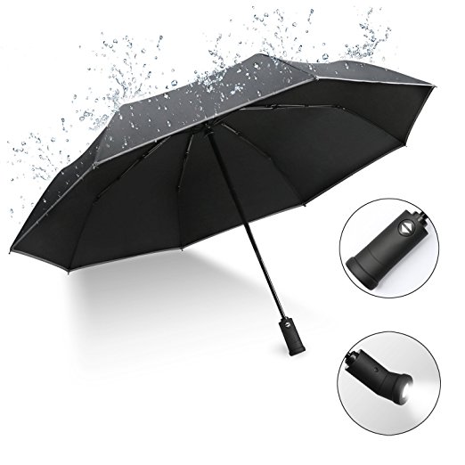 XIAO MO GU Fully-Automatic Black Folding Umbrella, Auto Open and Close Use 180° Rotating LED Lighting Umbrella Handle and Waterproof Coating, Compact Travel Umbrella for Car and Outdoor