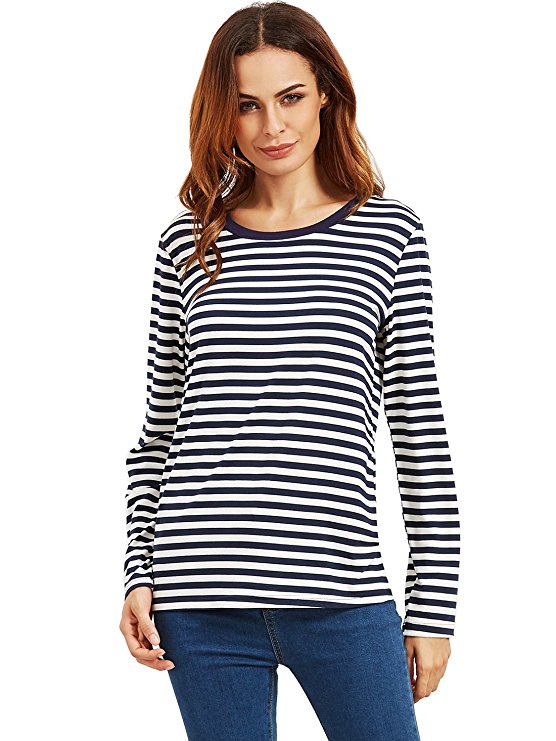 ROMWE Women's Long Sleeve Tops Round Neck Loose Basic Striped T-shirt