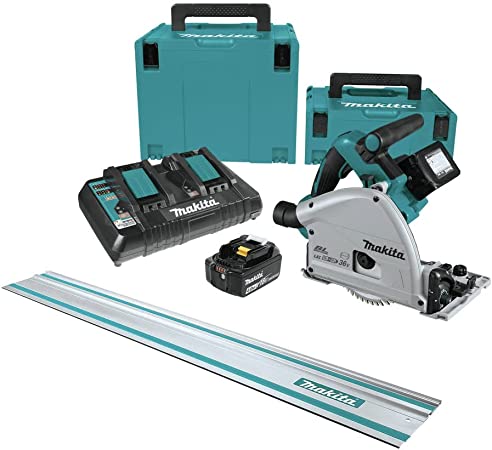 Makita XPS01PMJ-194368-5 18V X2 (36V) LXT Brushless Lithium-Ion 6-1/2 in. Cordless Plunge Circular Saw Kit with 2 Batteries (4 Ah) and 55 in. Guide Rail