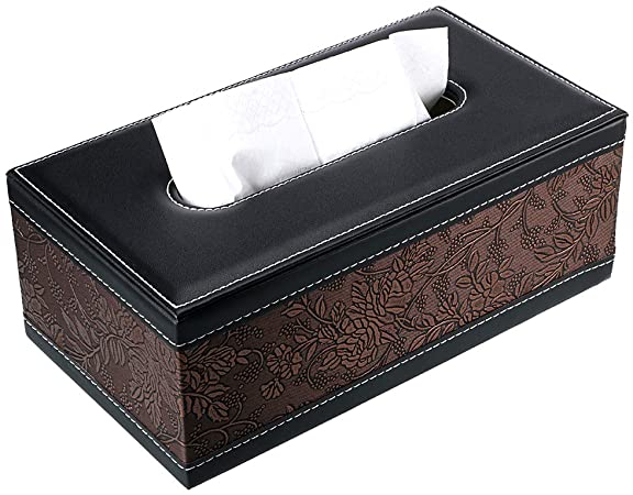 BTSKY PU Leather Facial Tissue Box, Rectangular Napkin Holder for Home Office Car Automotive Decoration Gift(Black Flower)