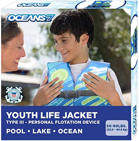 New & Improved Oceans7 US Coast Guard Approved, Youth Life Jacket, Flex-Form Chest, Open-Sided Design, Type III Vest, PFD, Personal Flotation Device, Blue/White