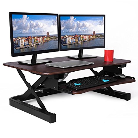 ApexDesk ZT Series Height Adjustable Sit to Stand Electric Desk Converter, 2-Tier Design with Large 36x24" Upper Work Surface and Lower Keyboard Tray Deck (Electric Riser, Walnut)