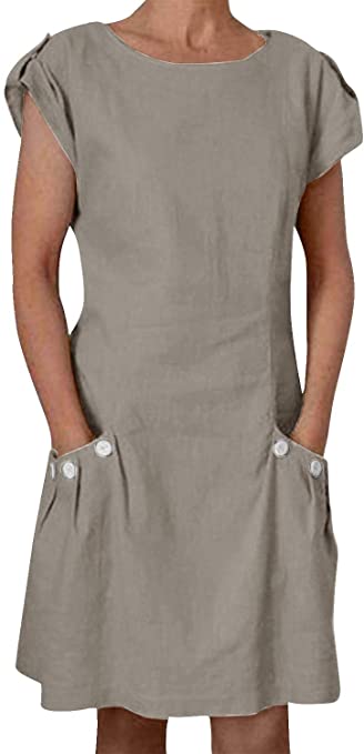 Yidarton Women's Cotton Linen Dress Italian Style Summer Casual Loose Fitting Dress Roll-up Short Sleeve with Pockets
