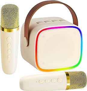 Kids Karaoke Machine Toy Set,BONAOK Portable Mini Bluetooth Speaker with Wireless Microphone Singing Toy for Girls Boys Birthday Gifts for Years Old 4, 5, 6, 7  2MIC Beige