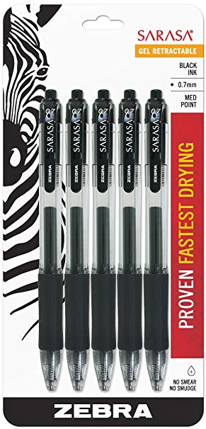 Zebra Sarasa Retractable Gel Ink Pens, Medium Point 0.7mm, Black Rapid Dry Ink, 5-Count