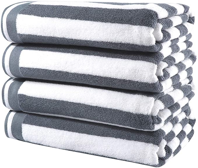 CASOFU Bath Towel Set, Cabana Stripe Beach Towels, Premium Cotton Bath Towels with Light Stripe - 100% Ring Spun Cotton Large Beach and Pool Towels - 2 Piece (Grey, 4 Pack)