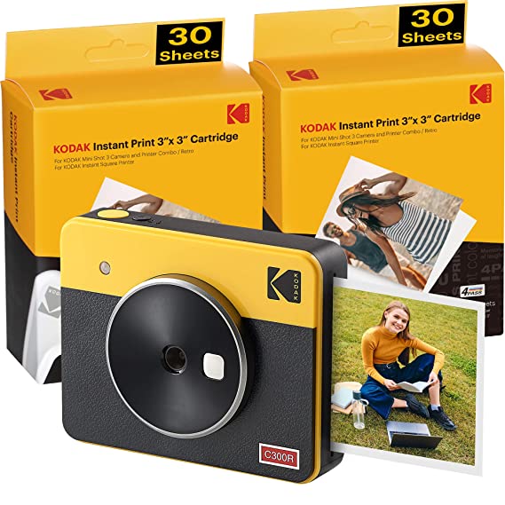 Kodak Mini Shot 3 Retro 2 in 1 Portable Wireless Instant Camera & Photo Printer - Yellow (60 Sheets), Compatible with iOS, Android & Bluetooth, Real Photo HD (3”x3”) 4Pass Technology & Laminated Finish