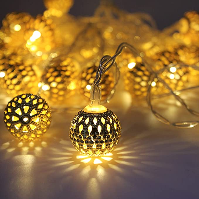 LED String Lights, Lecone Decorative Moroccan Orb, 4M/13FT Party Hanging Lights, 20 Golden Metal Balls for Ramadan, Battery Powered for Indoor, Bedroom, Party, Wedding, Warm White