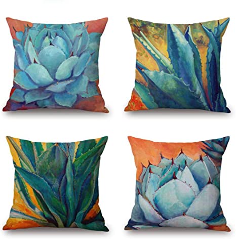 Emvency Set of 4 Linen Throw Pillow Covers 18x18 Inches Home Decorative Cushion Summer Green Cactus Succulent Plants Oil Painting Aloe Flower Pillow Cases Square Pillocases for Bed Sofa