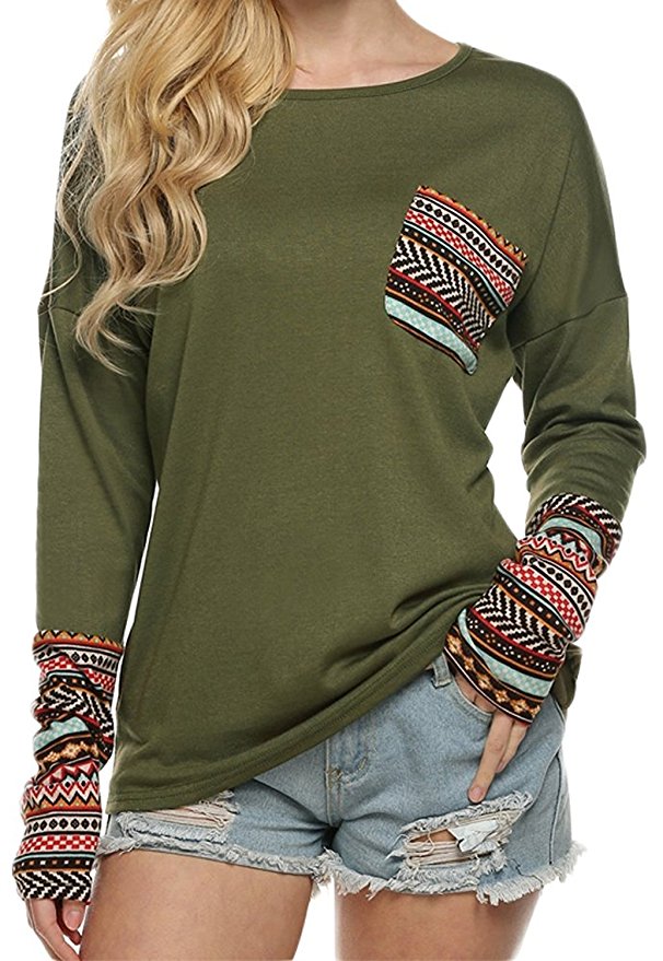 POGTMM Women's Long Sleeve O-Neck Patchwork Casual Loose T-shirts Blouse Tops with Thumb Holes