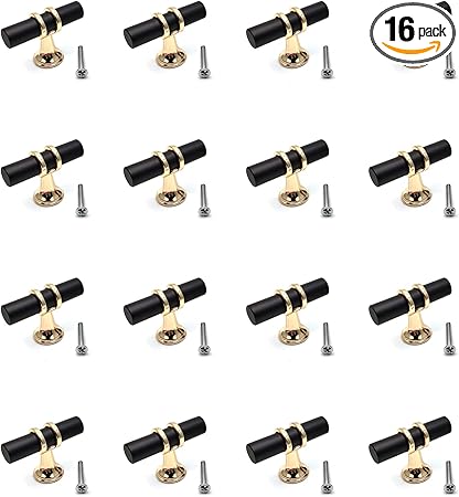 Bar Cabinet Handle Knob Pull,16-Pack, Cabinet Knobs1.97 Length Single Hole T Knobs for Cabinets with Screws Zinc Alloy Black Gold