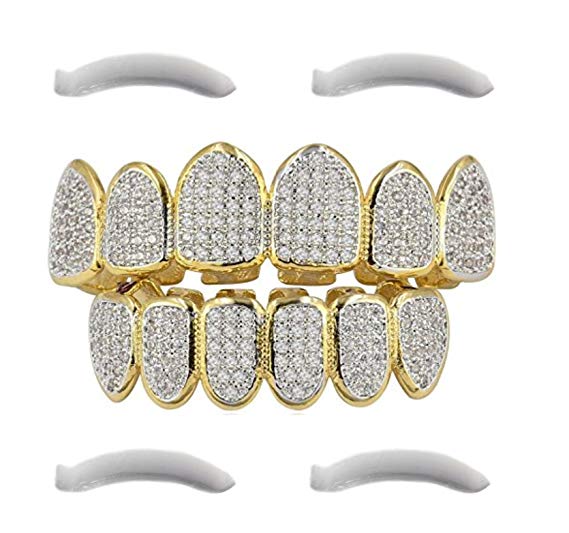 24K Gold Plated Hip Hop Grillz Top and Bottom Grills for Mouth Teeth 2 Extra Molding Bars - Every Style (24K Gold Plated Iced Out Grillz with Micropave CZ Diamonds   2 Extra Molding Bars)