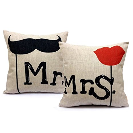 Mr and Mrs 18 X 18 Inch Cotton Linen Home Decorative Throw Pillow Covers Cushion Cover Couple Love Pillow Case, Mr. & Mrs. Pillowcases, Set of 2 (Wedding Gift)