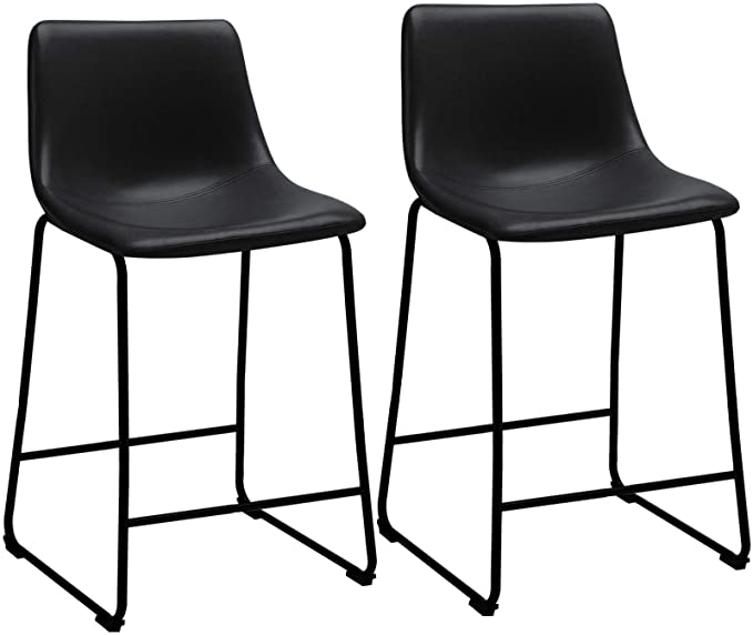 LEMBERI 26 inch Bar Stools PU Leather Counter Height Stools, Modern Style Upholstery with Metal Leg and Backrest Armless Bar Chairs, Dining Chairs for Pub Living Room Kitchen, Set of 2 (26, Black)