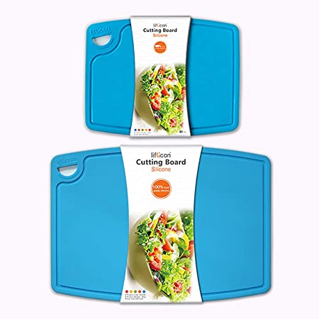 Liflicon Thick Cutting Boards for Kitchen Silicone Chopping Board Set of 2 Mid 12.6'' x 9.1”,Mini 9.1”x7.1” Non-slip Deep Drip Juice Groove Easy Grip Handle,Dishwasher Safe-Blue