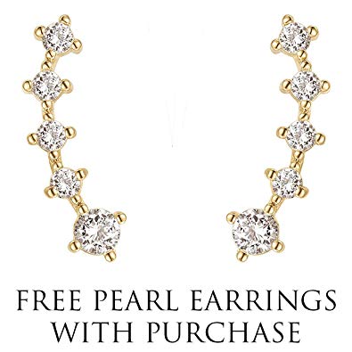 FREE Pearl Earrings With 14K Gold Plated Sterling Silver Post Crawler Earring Cuff Climber Earrings