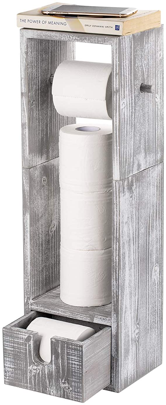 Toilet Paper Holder, Standing Wood Bathroom Toilet Paper Roll Holder Tissue Organizer Rack with Drawer
