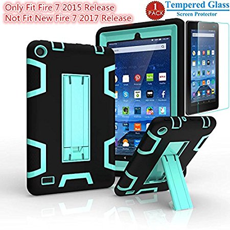Fire 7 2015 Case [Note:Not fit All-New Fire 7 2017 release], I-VIKKLY [Kickstand] Heavy Duty Hybrid Shockproof Case For Amazon Fire 7 Inch Tablet (5th Generation -2015 release) (Black Mint Green)