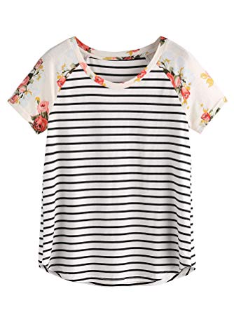 Romwe Women's Floral Print Short Sleeve Tops Striped Casual Blouses T Shirt