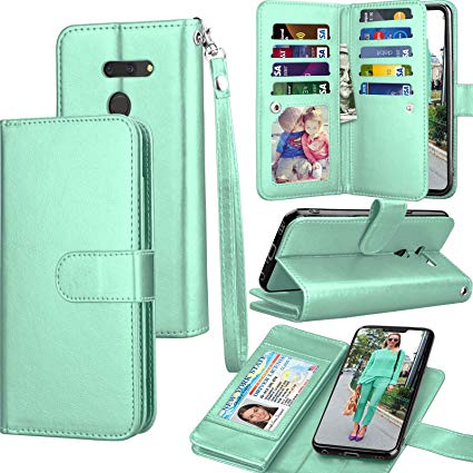 LG G8 Case, 2019 LG G8 ThinQ Wallet Case, Tekcoo Luxury ID Cash Credit Card Slots Holder PU Leather Carrying Purse Folio Flip Cover Cases [Detachable Magnetic Hard Case] Kickstand Strap [Turquoise]