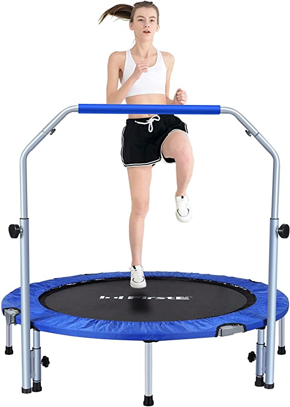 FirstE 48" Foldable Fitness Trampolines, Rebound Recreational Exercise Trampoline with 4 Level Adjustable Heights Foam Handrail, Jump Trampoline for Kids and Adults Indoor&Outdoor, Max Load 440lbs
