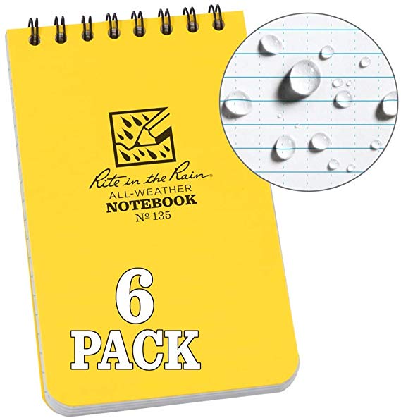 Rite in the Rain Weatherproof Top Spiral Notebook, 3" x 5", Yellow Cover, Universal Pattern, 6 Pack (No. 135L6)