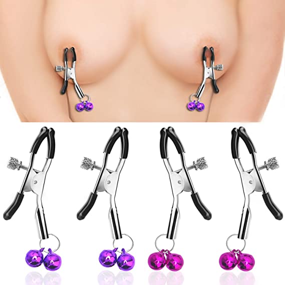 Nipple Clamps with Bell, SEXY SLAVE Adjustable Soft Rubber Tweezer Nipple Clips, SM Fetish Breast Clit Sensual Bondage Nipple Sex Toy(2 Pack, Purple and Rose Pink)
