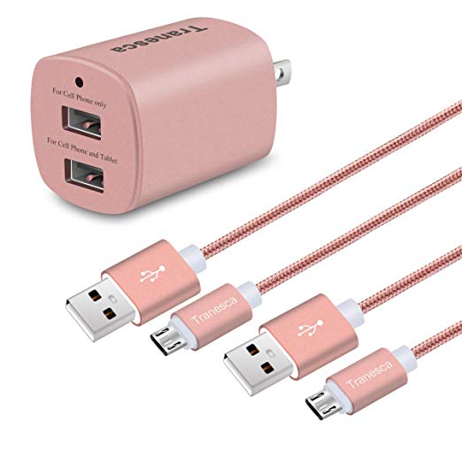 Tranesca Dual USB Wall Charger with 2 Pack 6ft Micro USB Cable (Rose Gold)