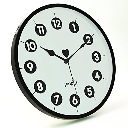 Hippih 10" Silent Quartz Non-ticking Decorative Wall Clock with Glass Cover (Black))