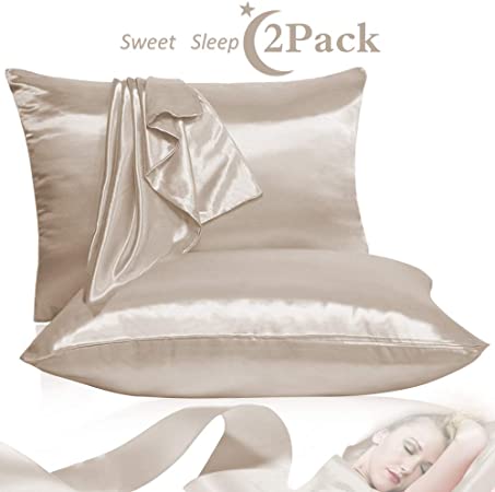 Leccod 2 Pack Shinny Silk Pillowcase with Hidden Zipper, Super Soft and Luxury Satin Pillow Cases Covers for Hair and Skin (Upgrade Zipper Beige, King: 20x36)